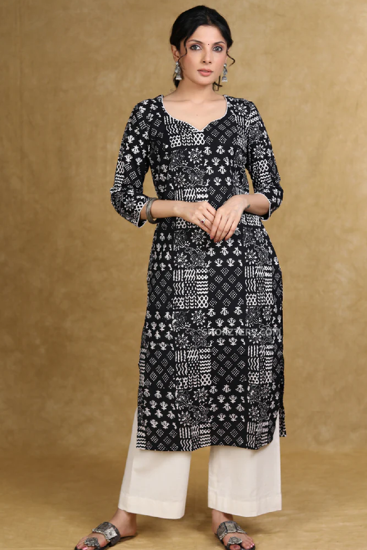 Easy to wear cotton black patch work printed kurta