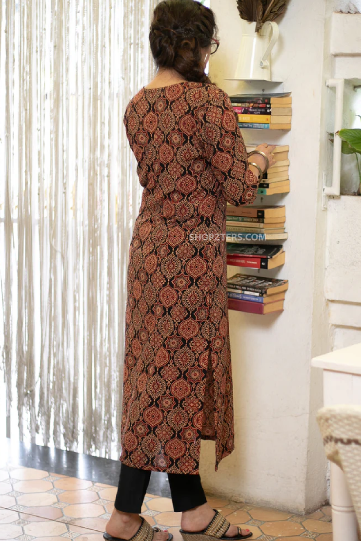 Elegant mughal print straight cut cotton ajrakh kurta with stone embellishment on yoke
