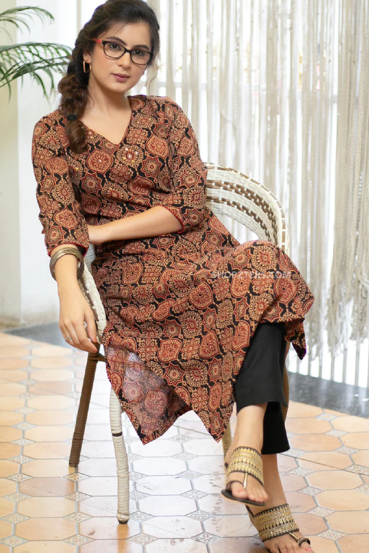 Elegant mughal print straight cut cotton ajrakh kurta with stone embellishment on yoke