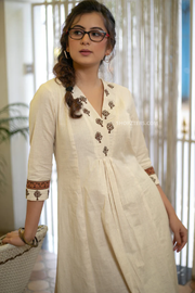 Classy cotton off-white kurta with embroidered yoke and sleeves