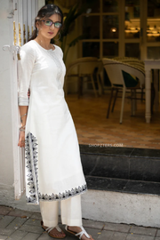 Exclusive white cotton embroidered kurta