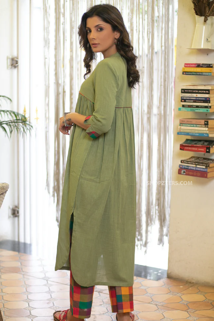 Elegant cotton olive green kurta with multicolor turn up sleeves