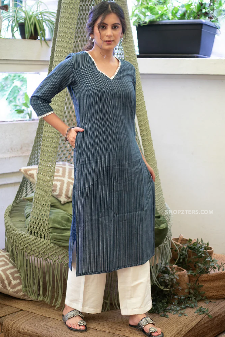 Smart pure cotton navy blue striped straight cut kurta highlighted with beautiful lace