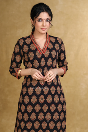 Black floral ajrakh v-neck kurta