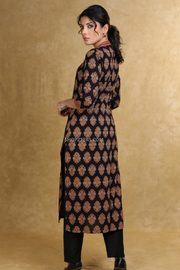 Black floral ajrakh v-neck kurta