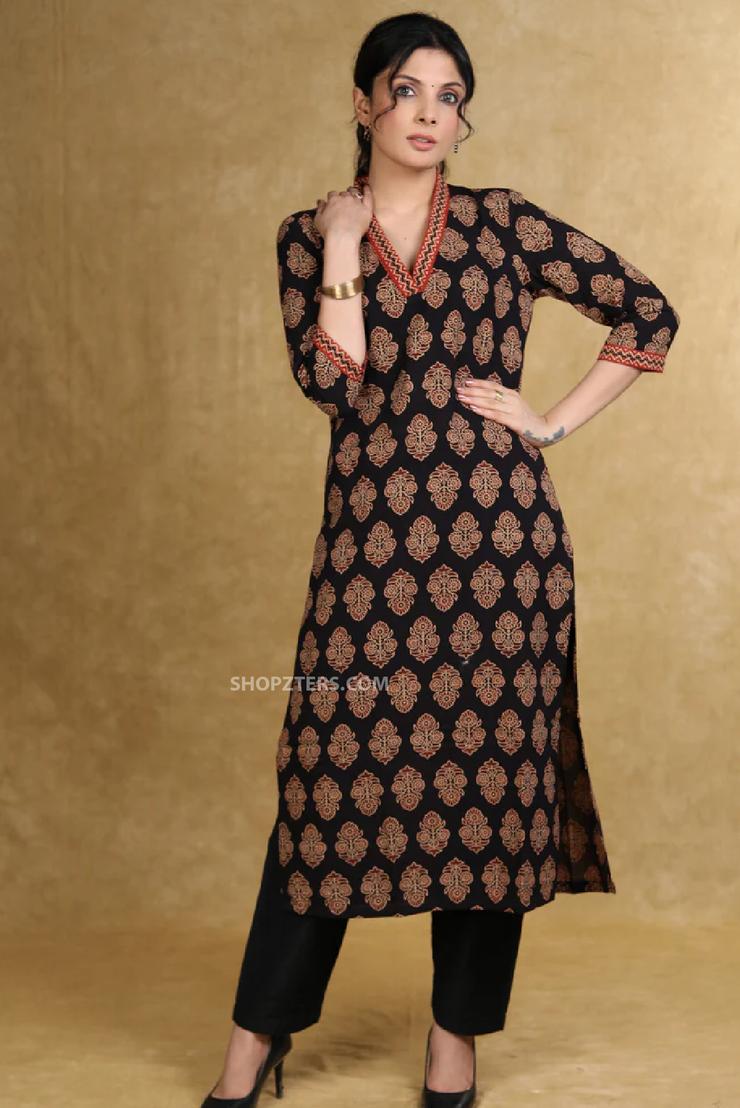 Black floral ajrakh v-neck kurta