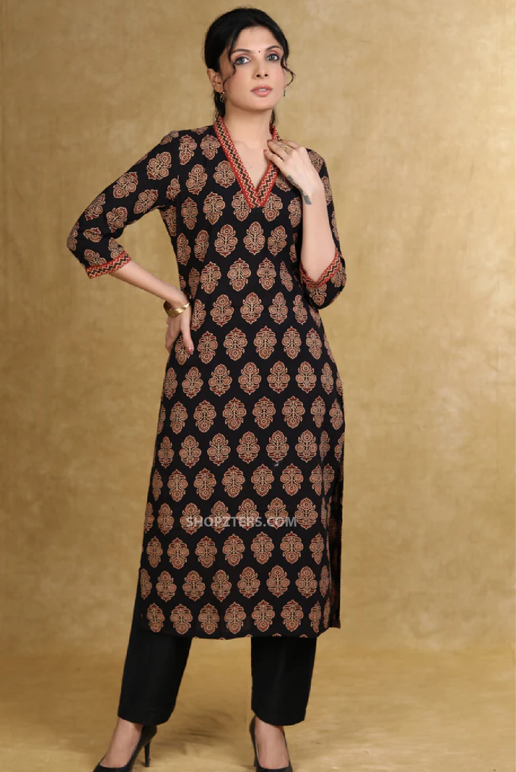 Black floral ajrakh v-neck kurta