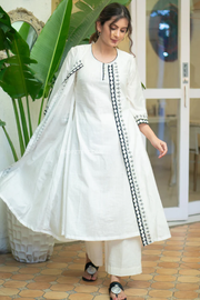 Classy white cotton kurta with beautiful embroidered long chanderi shrug