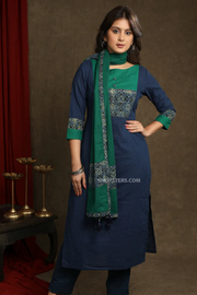 Exquisite navy blue cotton ajrakh combination straight cut kurta paired with ajrakh stole