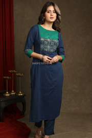 Exquisite navy blue cotton ajrakh combination straight cut kurta paired with ajrakh stole