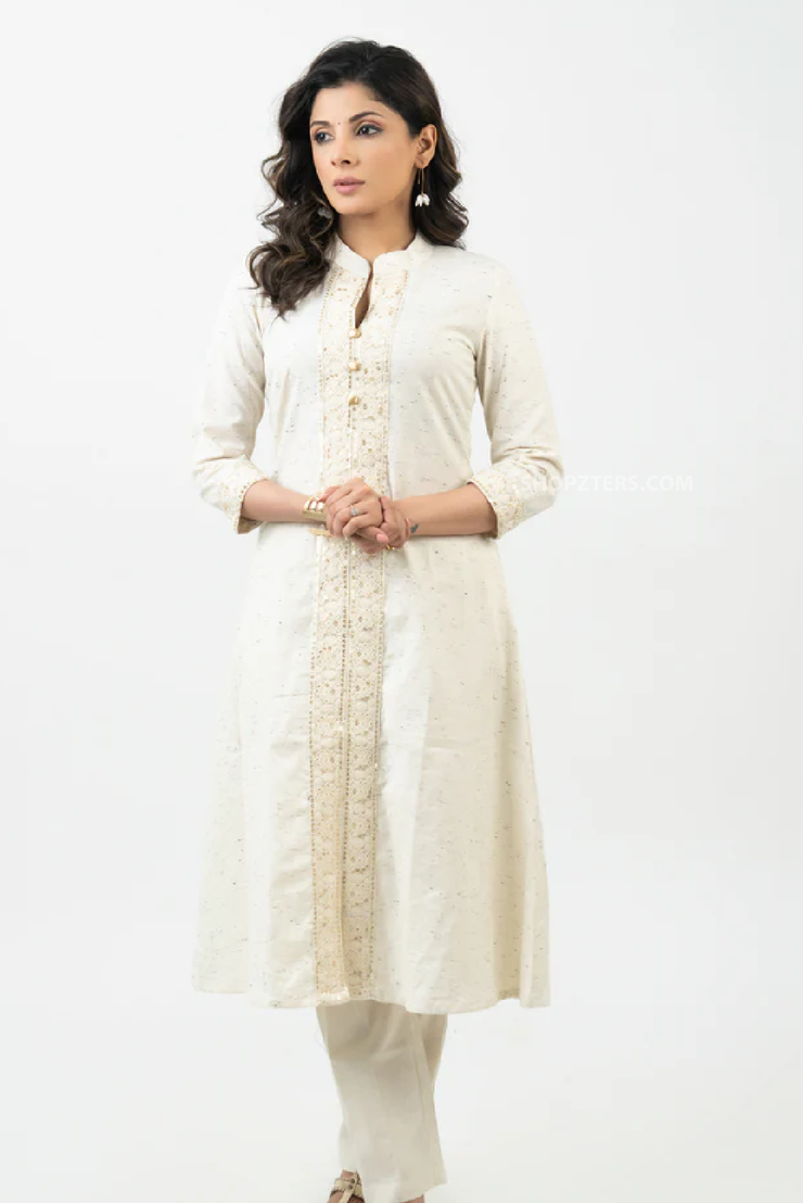 Off-White Cotton Kurta with Laces