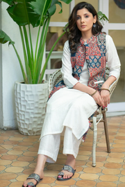 Must have white cotton kurta with multi kantha printed patchwork jacket