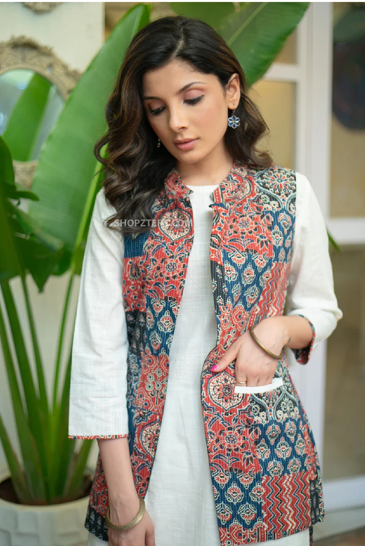 Must have white cotton kurta with multi kantha printed patchwork jacket