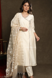 Stylish ivory cotton silk crossover kurta and pant with laces and embellishment’s - dupatta optional