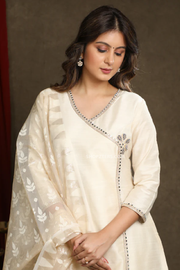 Stylish ivory cotton silk crossover kurta and pant with laces and embellishment’s - dupatta optional