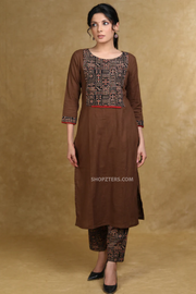 Trendy coffee brown cotton kurta with ajrakh yoke