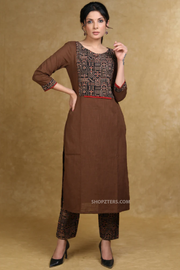 Trendy coffee brown cotton kurta with ajrakh yoke
