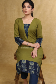 Classy moss green cotton kurta with blue floral combination