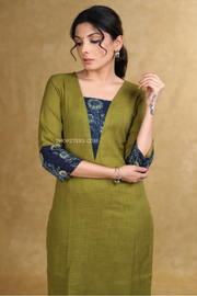 Classy moss green cotton kurta with blue floral combination