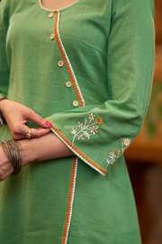 Pista Green Cotton Asymmetrical Kurta with Embroidery