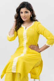 Pastel Yellow Cotton Kurta with Laces