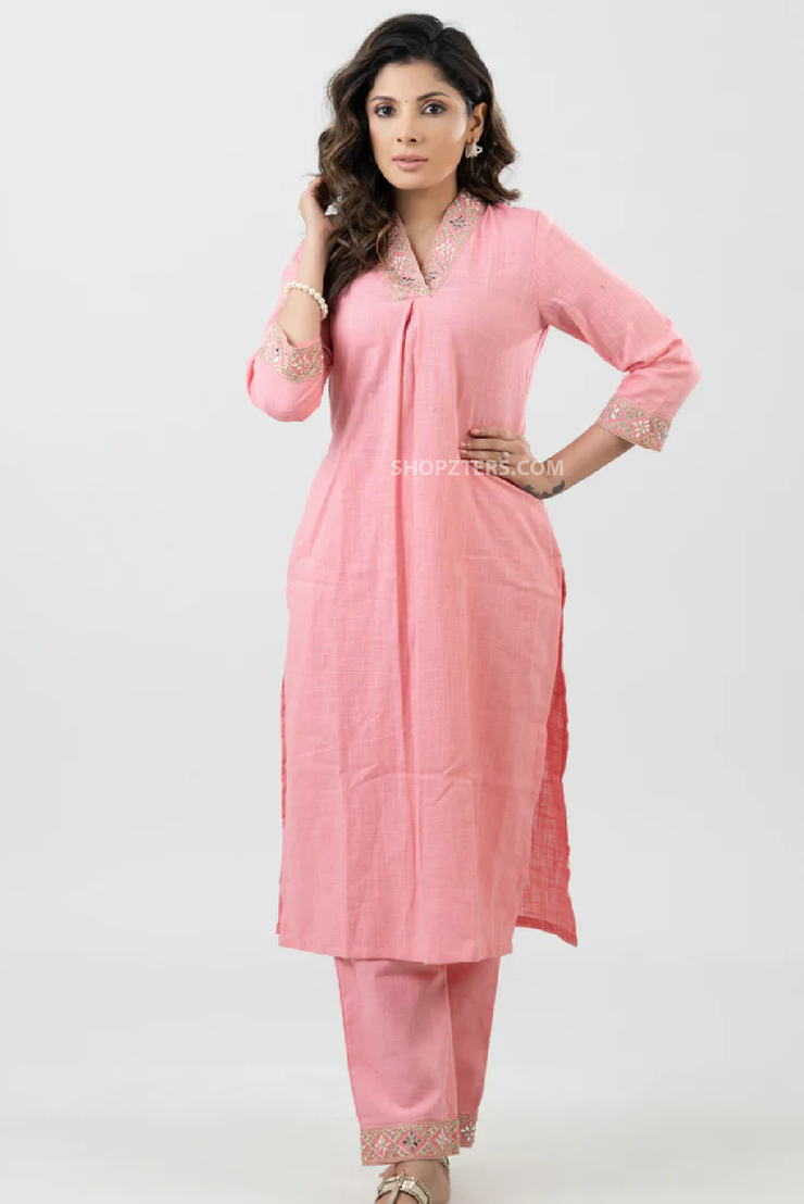 Pastel Pink Cotton Kurta with Embroidered Laces