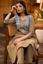 Beige Cotton Kurta with Attached Embroidered Jacket