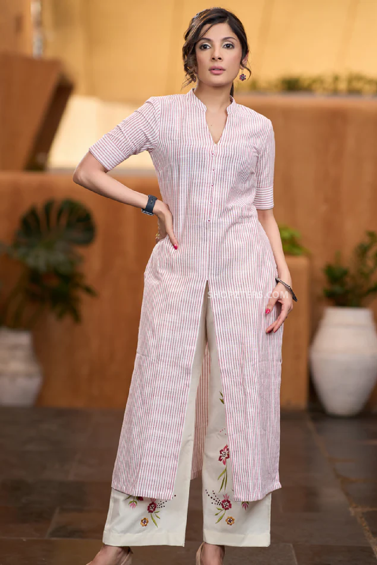 Striped Cotton Front Open Style Kurta - Embroidered