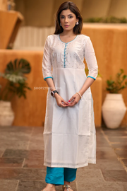 White Chanderi Kurta with Gold Sequences and Blue Detailing