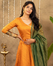 Yellow - Green Pichwai Dress With Striped Dupatta