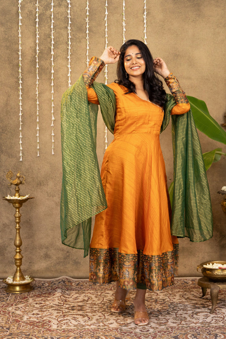 Yellow - Green Pichwai Dress With Striped Dupatta