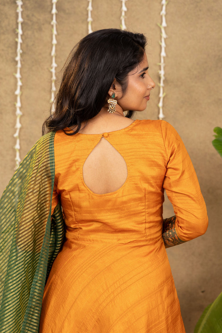 Yellow - Green Pichwai Dress With Striped Dupatta