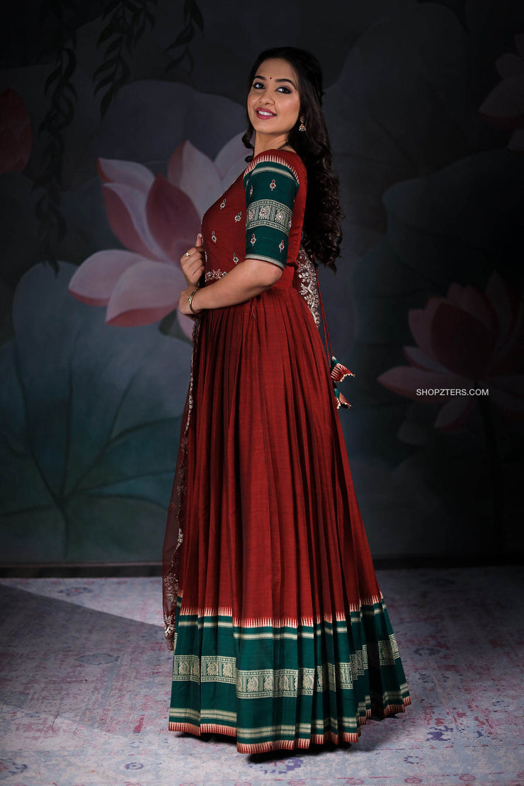 Red Pleated Narayanpet Anarkali Dress