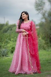 Baby Pink Maxi Dress With Embroidered Dupatta