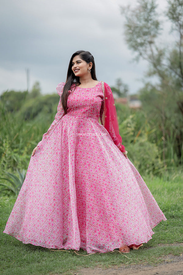 Pink V-Neck Empire Waist Tiered Long Prom Dress with Ruffles – Pgmdress