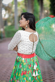 White And Parrot Green Crop Top And Skirt