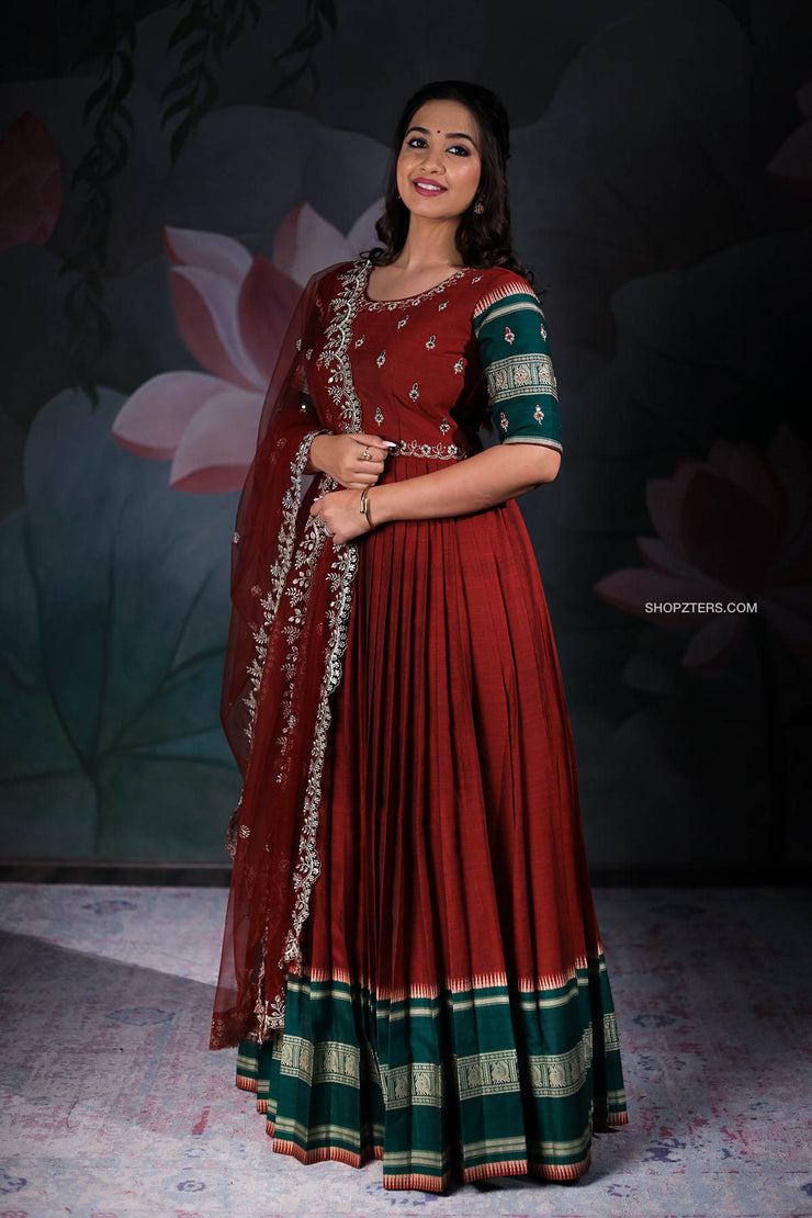 Red Pleated Narayanpet Anarkali Dress