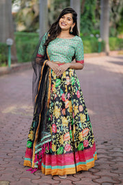 Turquoise Handworked CropTop With Kalamkari Skirt & Black Net Dupatta