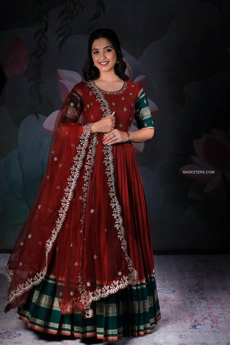 Red Pleated Narayanpet Anarkali Dress