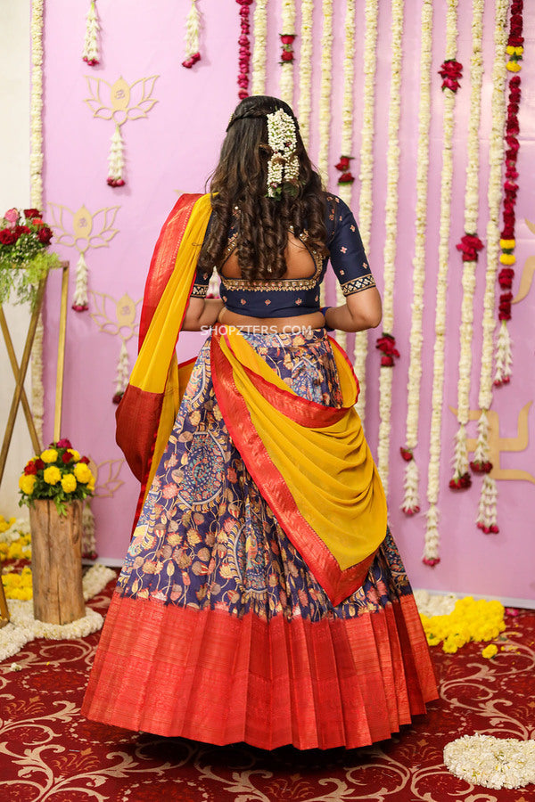 Off Navy Kalamkari Half Saree With Yellow Dhavani