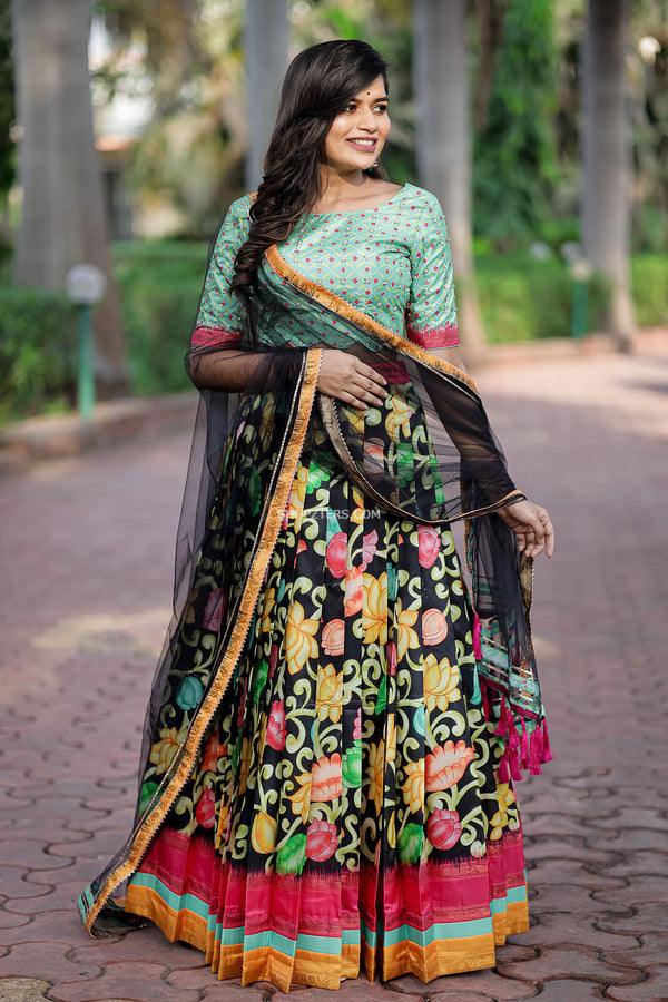 Turquoise Handworked CropTop With Kalamkari Skirt & Black Net Dupatta