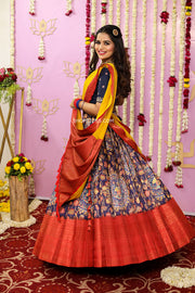 Off Navy Kalamkari Half Saree With Yellow Dhavani