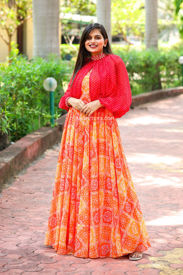 Orange Georgette Gown With Red Cape