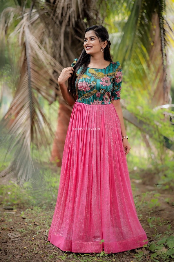 Occasion Wear Pink Color Soft Net Fabric Mirror Work Gown