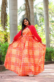 Orange Georgette Gown With Red Cape