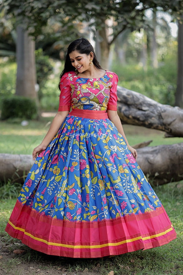 Blue and Pink Kalamkari Croptop And Skirt