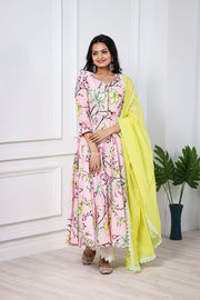 Light Pink & Yellow Cotton Linen Suit Set With Dupatta