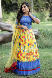 Blue Banarasi Crop top With Yellow Skirt