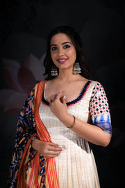 Off-White Checked Banarasi Silk Dress with Patola Dupatta