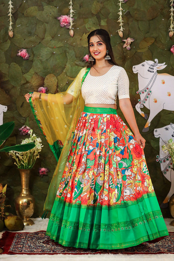 Red White & Green Combination Croptop & Skirt With Yellow Dupatta